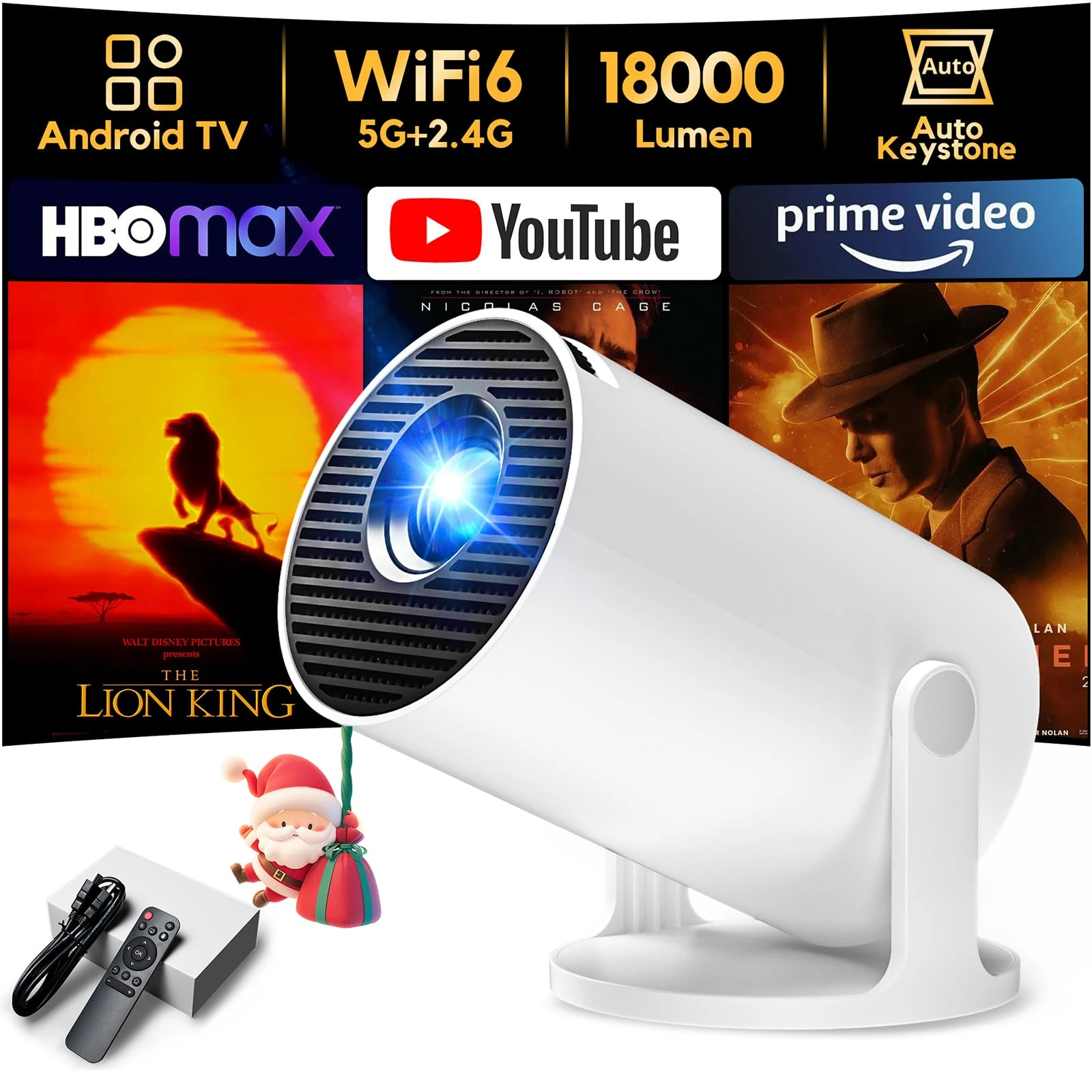 Mini Projector [Built-in Apps] AKIYO O2 2025 Upgraded 18000 Lumen Projector with WiFi6 & BT5.4, Portable Projectors 1080P Supported, Auto Keystone, 180° Rotation Compatible with HDMI/USB/Laptop/Switch