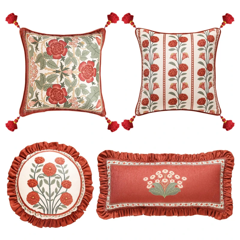 bilin gaier Vintage Throw Pillow Covers Pack of 4,Red Cozy Velvet with Leaves and Floral Pattern Pillowcases,Decor Square Round Lumbar Pillows Cushion Covers for Living Room Couch Sofa Bed Car