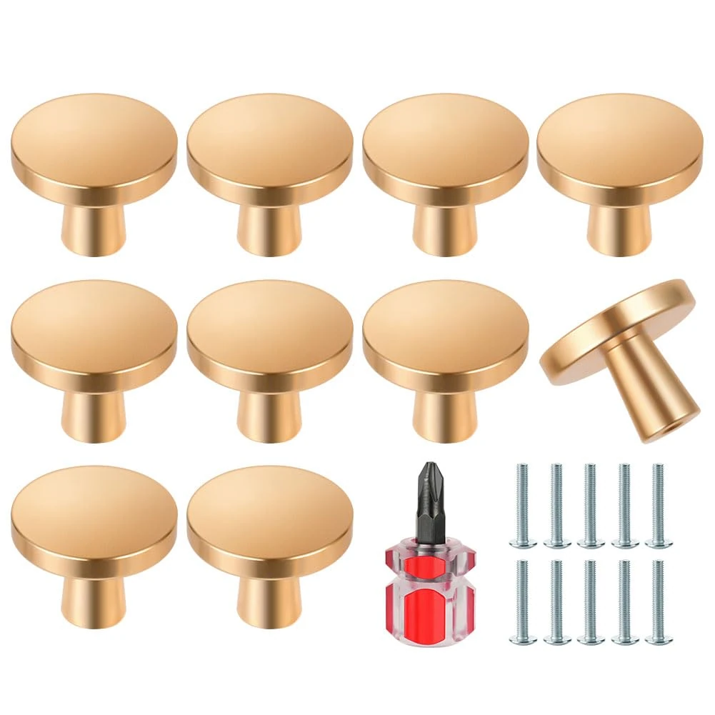 Ainiv 10 PCS Gold Cabinet Knobs, 30mm Round Drawer Knobs, Mushroom Dresser Handle, Single Hole Cupboard Handle, Aluminum Alloy Cabinet Knob with Screws for Kitchen Wardrobes Bathroom Home Decoration