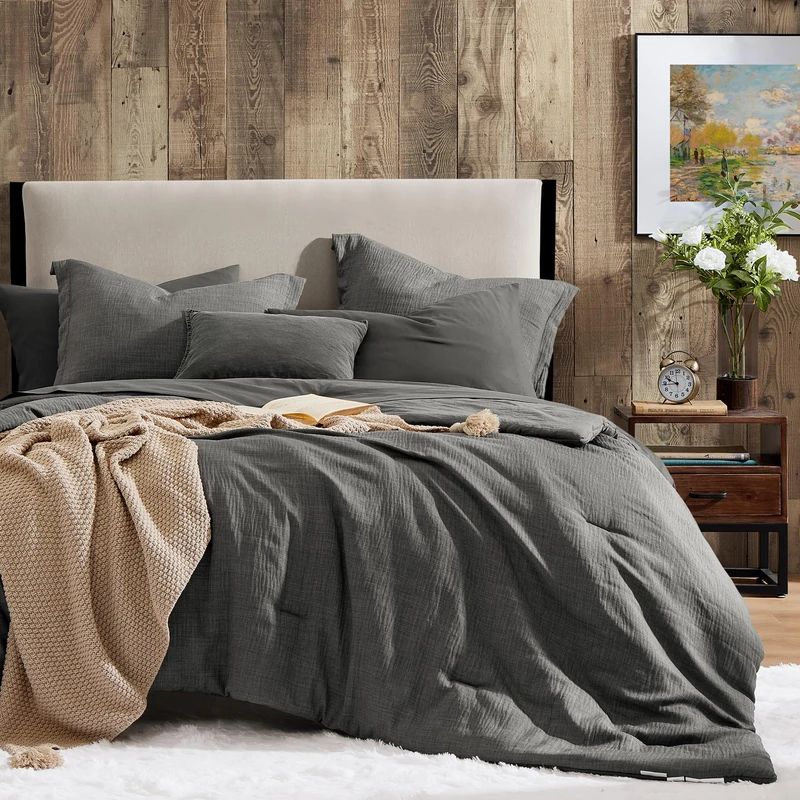 Full Comforter Set - 7 Pieces Gray Full Bedding Sets Textured Bed in a Bag