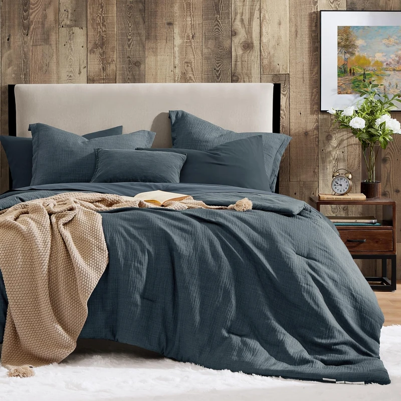 Twin Comforter Set - 5 Pieces Navy Twin Bedding Sets Textured Bed in a Bag