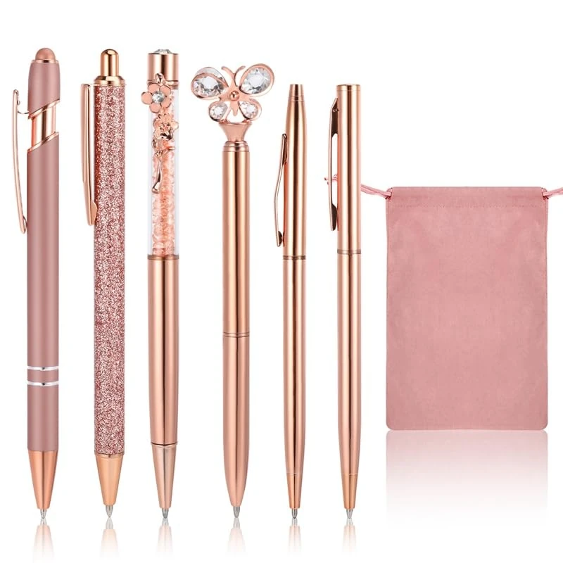 FANTESI 6Pcs Ballpoint Pens Personalized Bling Metal Pens Crystal Diamond Pen Retractable Pen with Velvet Gift Bag Stationery Office Accessories Work Leaving Gift for Girls Women Teachers Adults