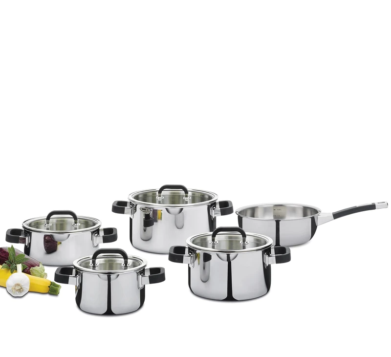 Spring Fusion2+ 5-Layer Multi-Layer Cooking Pot Set, Silicone Coated Handles, Inner Scaling, Suitable for Induction cookers, with Glass lids