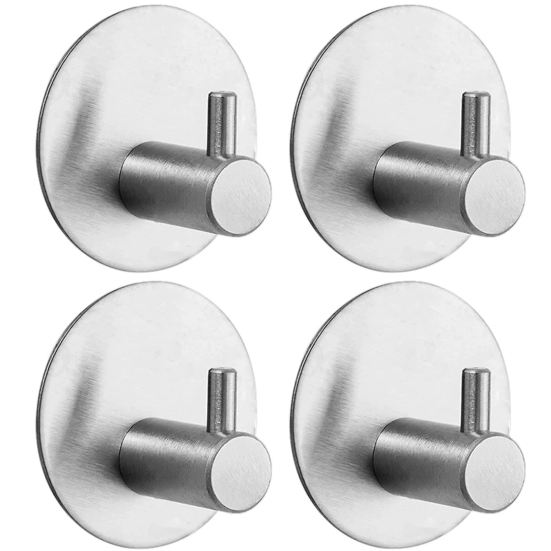 Drenky Towel Hooks Self Adhesive 4 Pack - Silver Brushed Stainless Steel Bathroom Waterproof Hanging Hooks With PE Pads for Kitchen