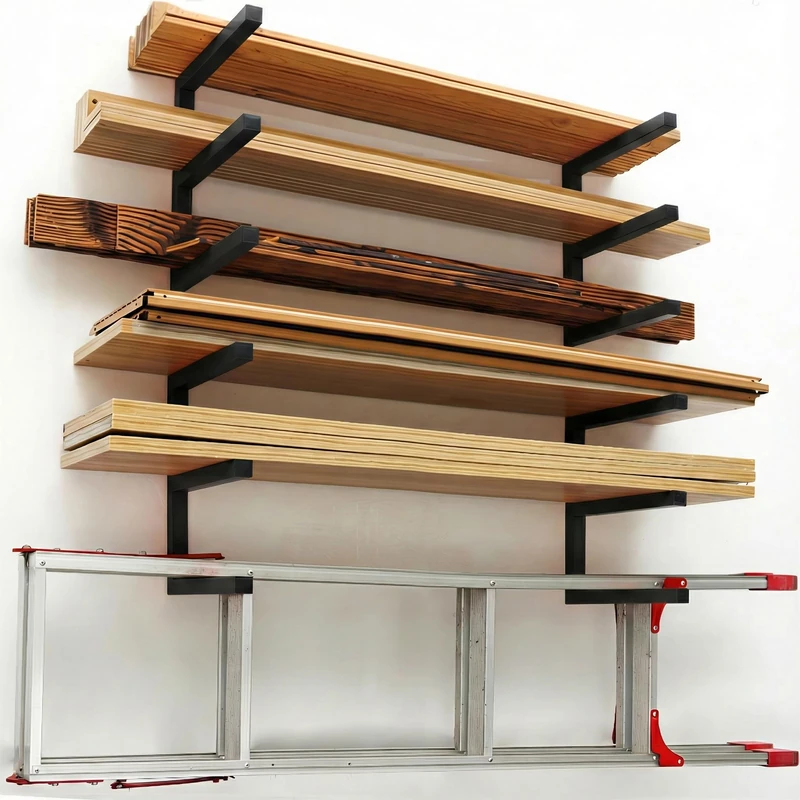 MOOMSINE Lumber Storage Rack Wall Mount, Heavy Duty Metal Wood Organizer with 6-Level Each Shelf Holds Up 200 Lbs, Indoor & Outdoor Use - Black