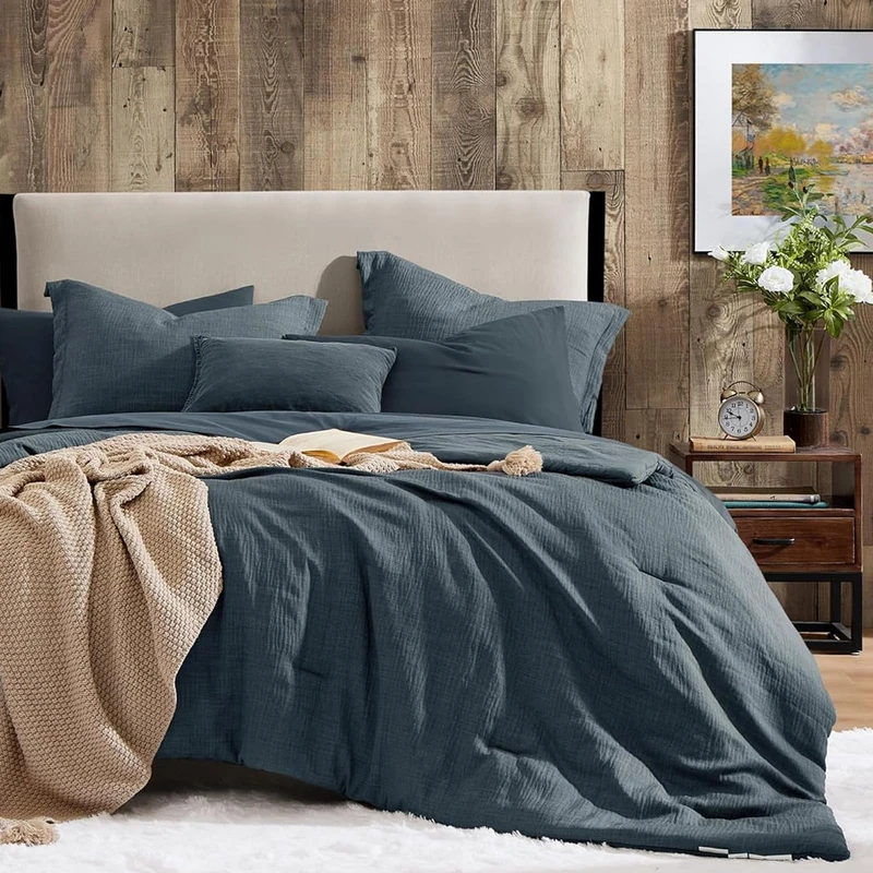 Geniospin Queen Comforter Bedding Set 7 PCS (Navy Blue, 90 X 90 Inches)