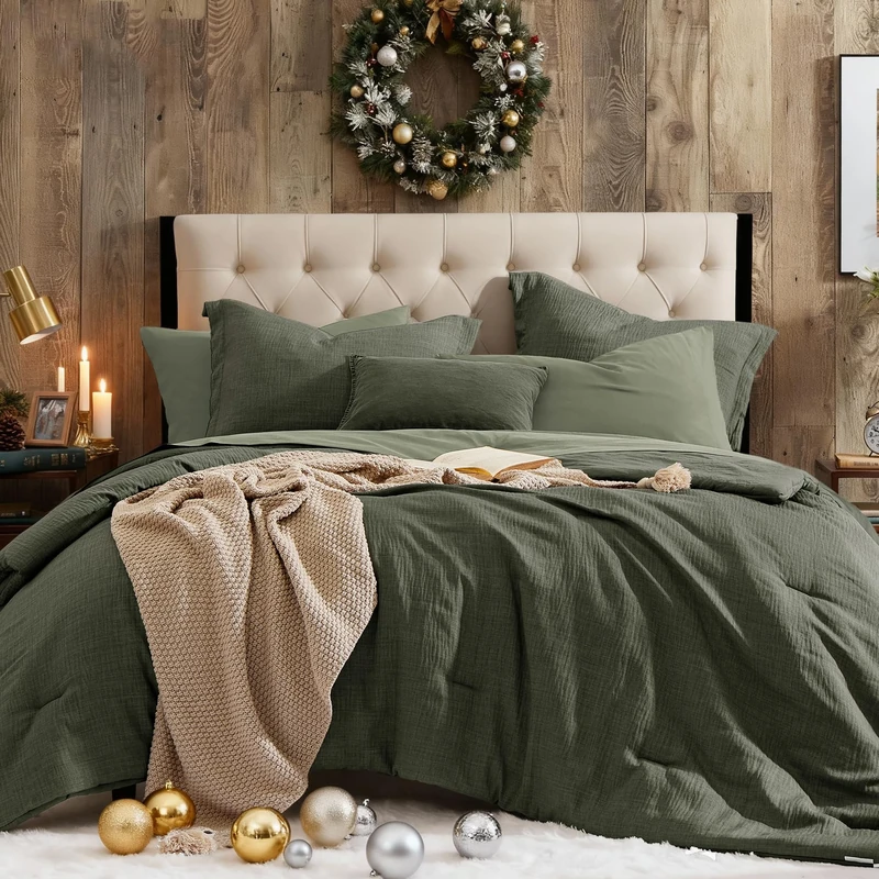 Geniospin Queen Comforter Set - 7 Pieces Comforter Queen Size, Solid Bedding Set for All Season, Textured Bed in a Bag with Flat Sheet and Fitted Sheet, Pillowcases and shams (Dark Green, 90''x90'')