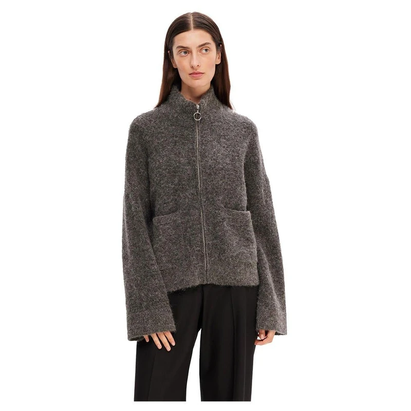 SELECTED FEMME Womens Slfsia Ras Ls Knit Zipper Noos Cardigan Sweater, Medium Grey Melange, XS UK