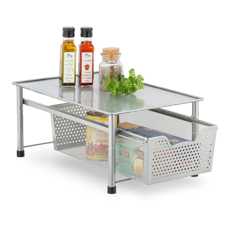 Relaxdays Drawer Shelf, Stackable Organiser, Metal, Kitchen, Bathroom, Pull-out Basket, HWD: 19 x 28 x 42.5 cm, Silver - Image 1