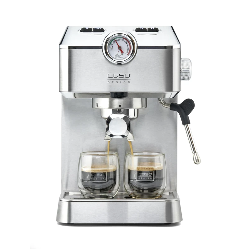 Caso Design Espresso Gourmet Espresso Maker Coffee Machine, 19 bar Pump, Practical Pressure Gauge, 1.5L Water Tank, Removable Drip Tray, Automatic Pre-Brewing, Built-in Steam Wand for Milk Frothing