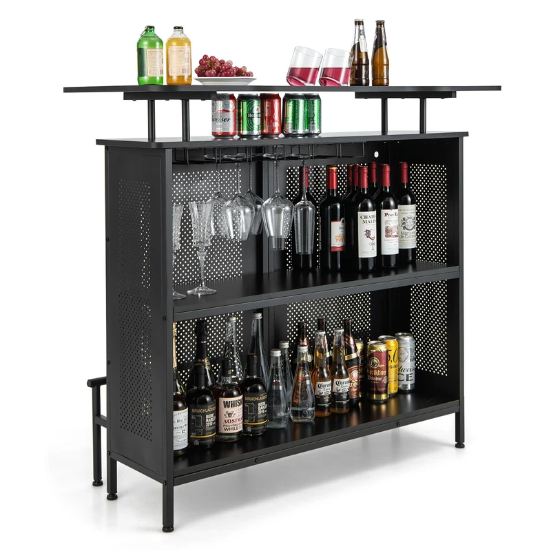 COSTWAY Kitchen Bar Table, Kitchen Counter with Storage Space and Footrest, Counter Bar with Metal Frame, Adjustable Feet, 120 x 50 x 106.5 cm, Black