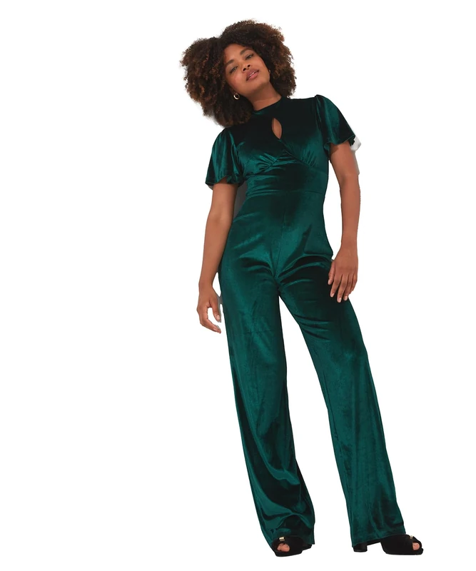 Joe Browns Women's Kimono Sleeve Keyhole Detail Wide Leg Velvet Jumpsuit, Green, 12