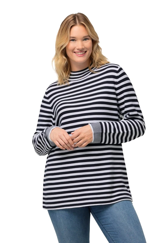 Ulla Popken Women's Ringelpullover, Turtle-Neck Pullover Sweater, Marine,