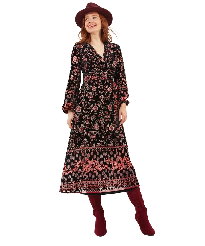 Joe Browns Women's Petite Dark Floral Tie Waist Devore Velvet Dress Special Occasion, Black, 18 UK