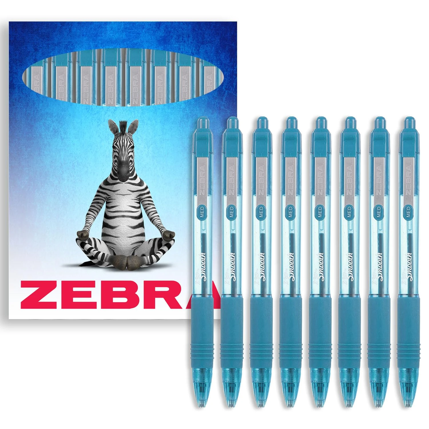 Zebra Z-Grip Smooth Retractable Ballpoint Pen - 1.0mm Nib - Pack of 8 - In Gift Box Packaging (Light Blue)