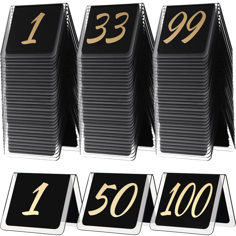 Suzile Set of 100 Table Numbers 1-100 Double Side Numbered Tents Number Sign 3.15'' x 2.75'' Acrylic Signs for Restaurant Party Banquets Wedding Reception (Black and Gold) (JIN-Suzile-468)