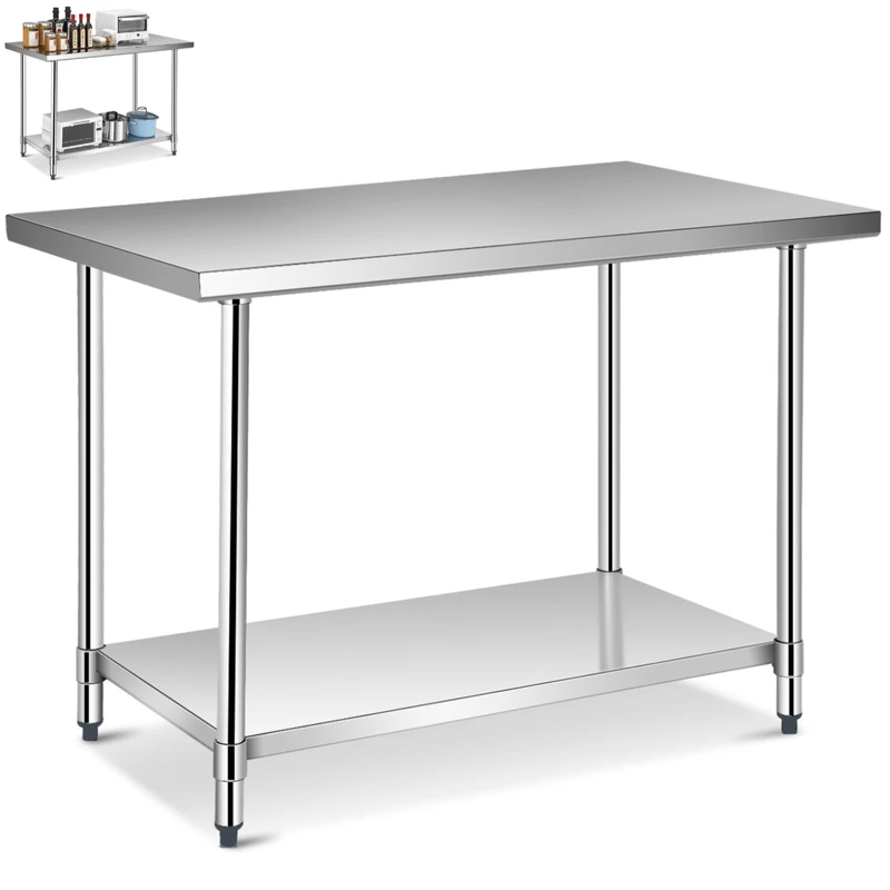 GiantexUK Stainless Steel Catering Table, 48x30Inch/48x24Inch/36x24Inch Commercial Work Table with Adjustable Shelf & Non-slip Footpads, Heavy Duty Food Prep Workbench for Kitchen Garage (122x76x92cm)
