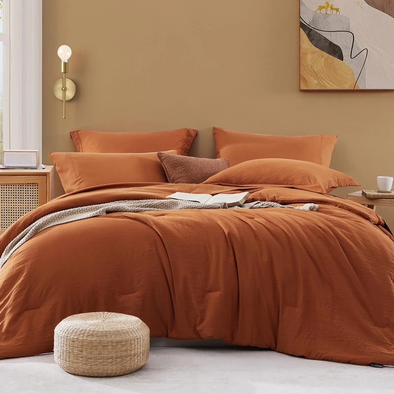 WRENSONGE Queen Comforter Set- 7 Pieces Soft Burnt Orange Bed in a Bag with Fitted Sheet, Flat Sheet, 2 Shams, and 2 Pillowcases-Warm Bed Sets Queen for All Seasons
