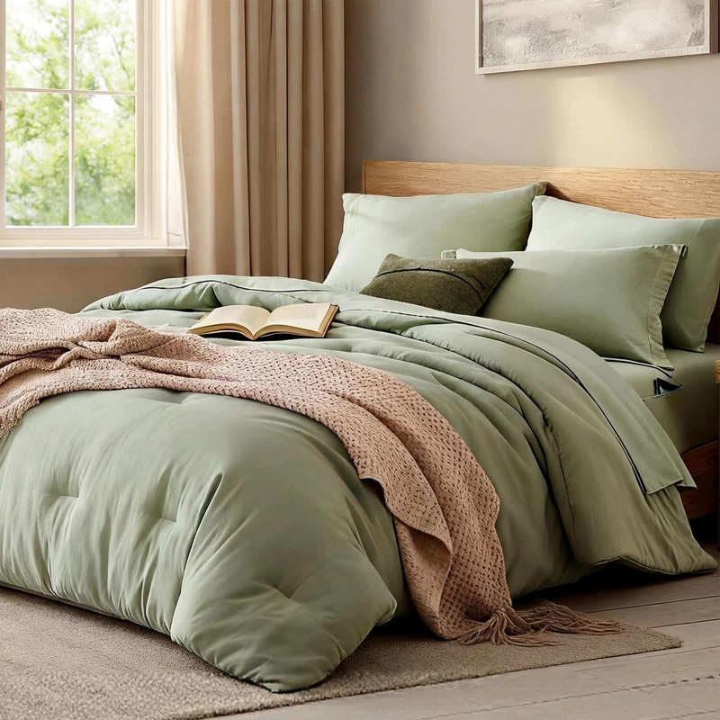 WRENSONGE Full Size Comforter Set- 7 Pieces Sage Green Bed in a Bag Full Size Comforter with Fitted Sheet, Flat Sheet, 2 Pillow Shams, 2 Pillowcases, Warm Bedding Sets for All Season