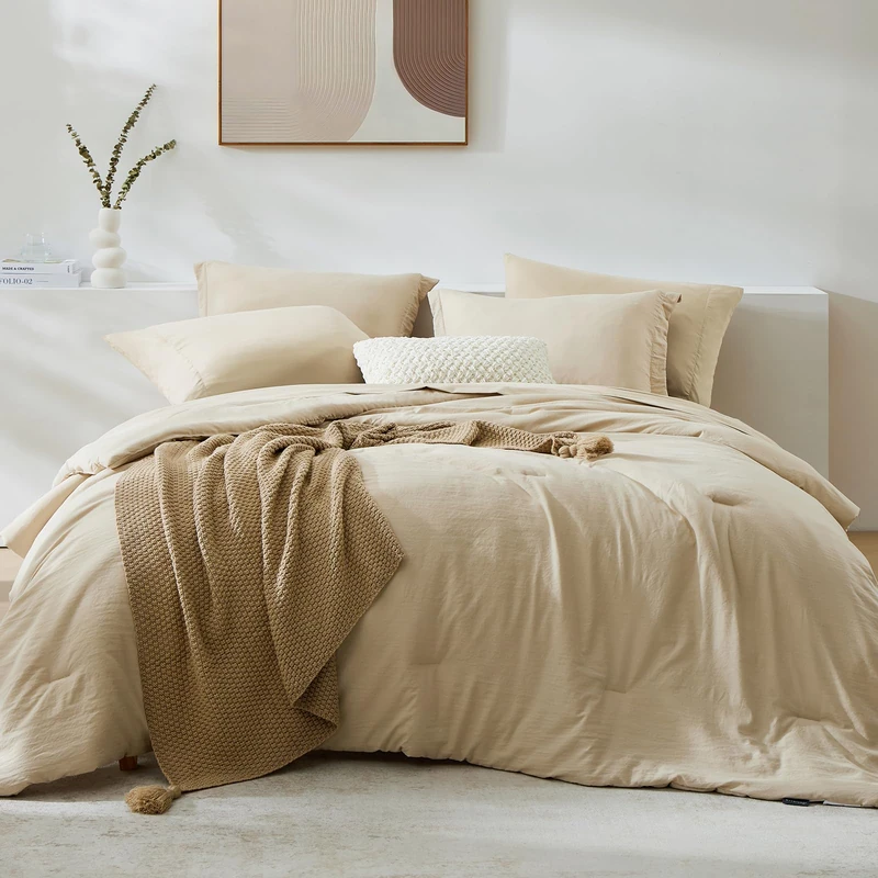 WRENSONGE Queen Size Comforter Set- 7 Pieces Beige Bed in a Bag Queen with Fitted Sheet, Flat Sheet, 2 Pillow Shams, and 2 Pillowcases- Warm Bed Set for All Season