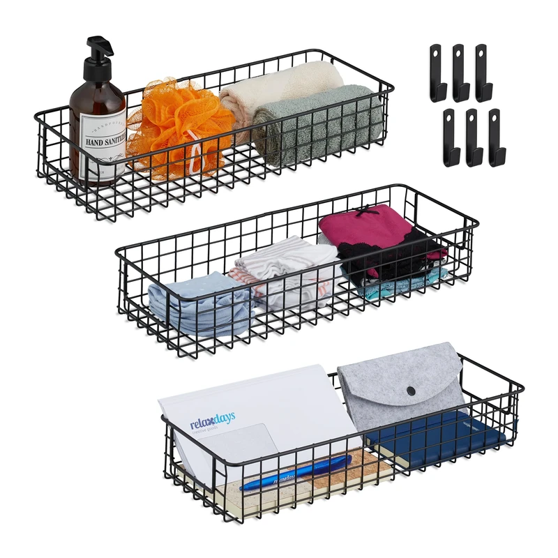 Relaxdays Wire Basket Set of 3, with Wall Brackets, Storage Rack, HxWxD: 7.5 x 41 x 16 cm, Metal, All-Purpose, Black, Iron