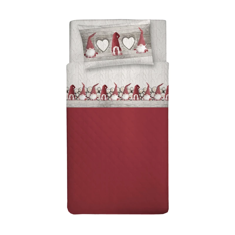 PENSIERI DELICATI 100% Cotton Flannel Double Duvet Cover Set, 250 x 200 cm Bag and Pillowcase 52 x 82 cm, Made in Italy, Duvet Cover Machine Washable at 40 °, Red Gnome Design