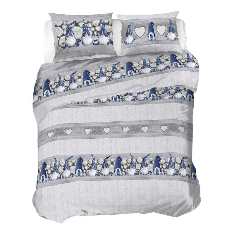 PENSIERI DELICATI 100% Cotton Flannel Double Duvet Cover Set, 250 x 200 cm Bag and Pillowcase 52 x 82 cm, Made in Italy, Machine Washable at 40 Degrees, Blue Gnome Pattern
