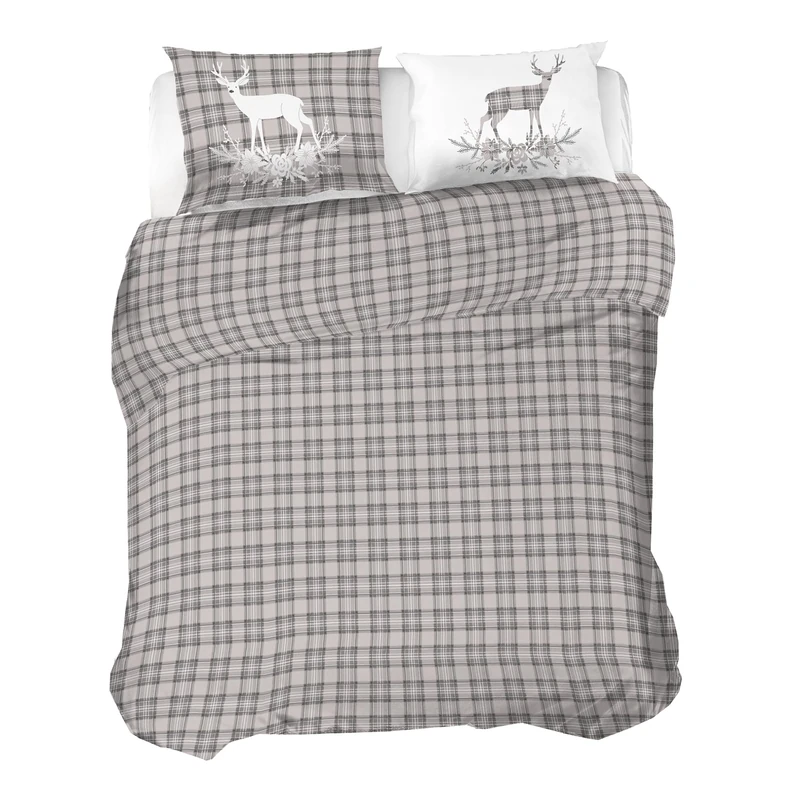 PENSIERI DELICATI 100% Cotton Flannel Double Duvet Cover Set, 250 x 200 cm Bag and Pillowcase 52 x 82 cm, Made in Italy, Machine Washable at 40 Degrees, Beige Deer Design