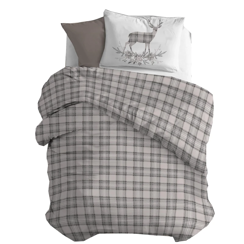 PENSIERI DELICATI Flannelette Single Duvet Cover Set, 100% Cotton, 155 x 200 cm Bag and Pillowcase 52 x 82 cm, Made in Italy, Machine Washable at 40 Degrees, Beige Deer Design
