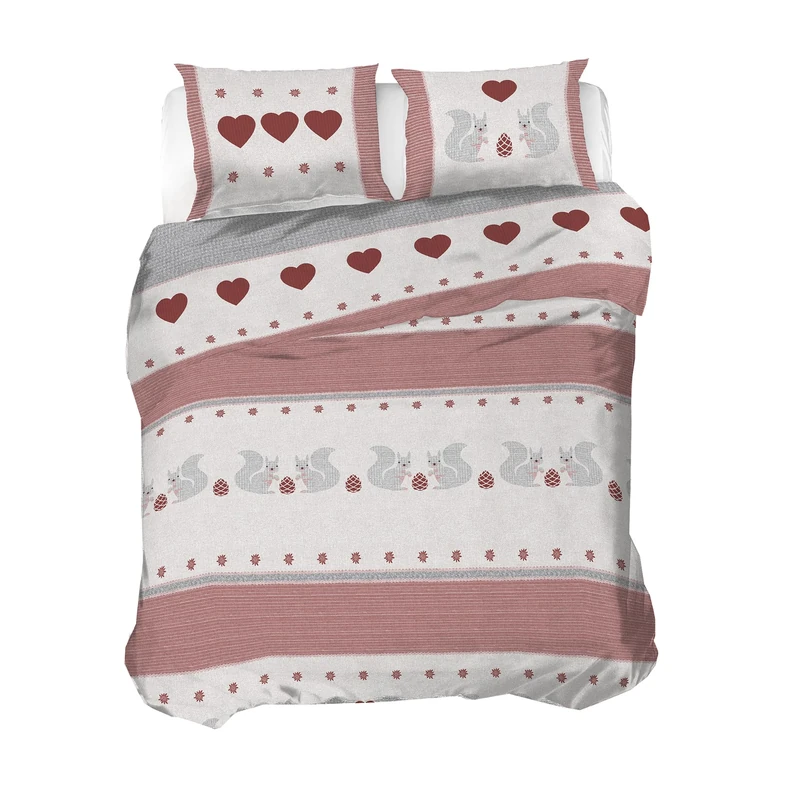 PENSIERI DELICATI 100% Cotton Flannel Double Duvet Cover Set, 250 x 200 cm Bag and Pillowcase 52 x 82 cm, Made in Italy, Machine Washable at 40 Degrees, Red Squirrel Pattern
