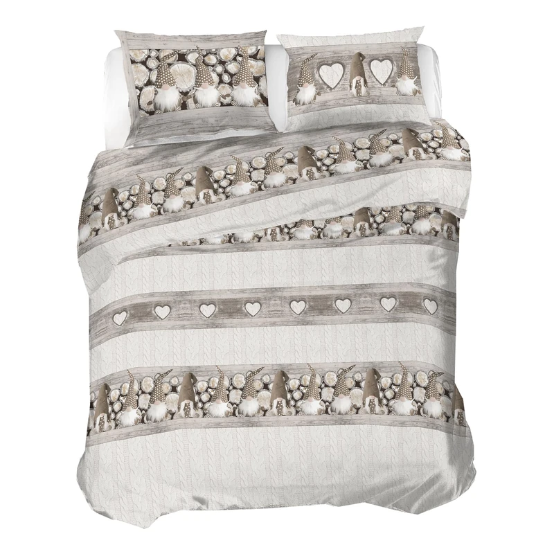 PENSIERI DELICATI 100% Cotton Flannel Double Duvet Cover Set, 250 x 200 cm Bag and Pillowcase 52 x 82 cm, Made in Italy, Machine Washable at 40 Degrees, Beige Gnome Pattern