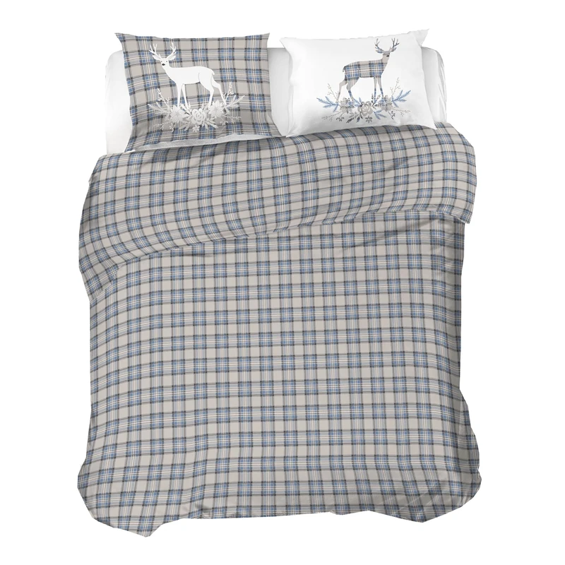 PENSIERI DELICATI 100% Cotton Flannel Double Duvet Cover Set, 250 x 200 cm Bag and Pillowcase 52 x 82 cm, Made in Italy, Machine Washable at 40 Degrees, Blue Deer Design