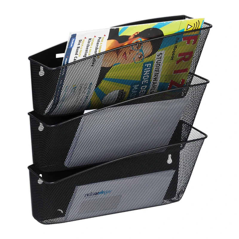 Relaxdays Newspaper Stand, Magazine Holder, 3x Set, Storage Organisation, HxWxD 39 x 36 x 12 cm, Metal, Mesh, Black, Steel