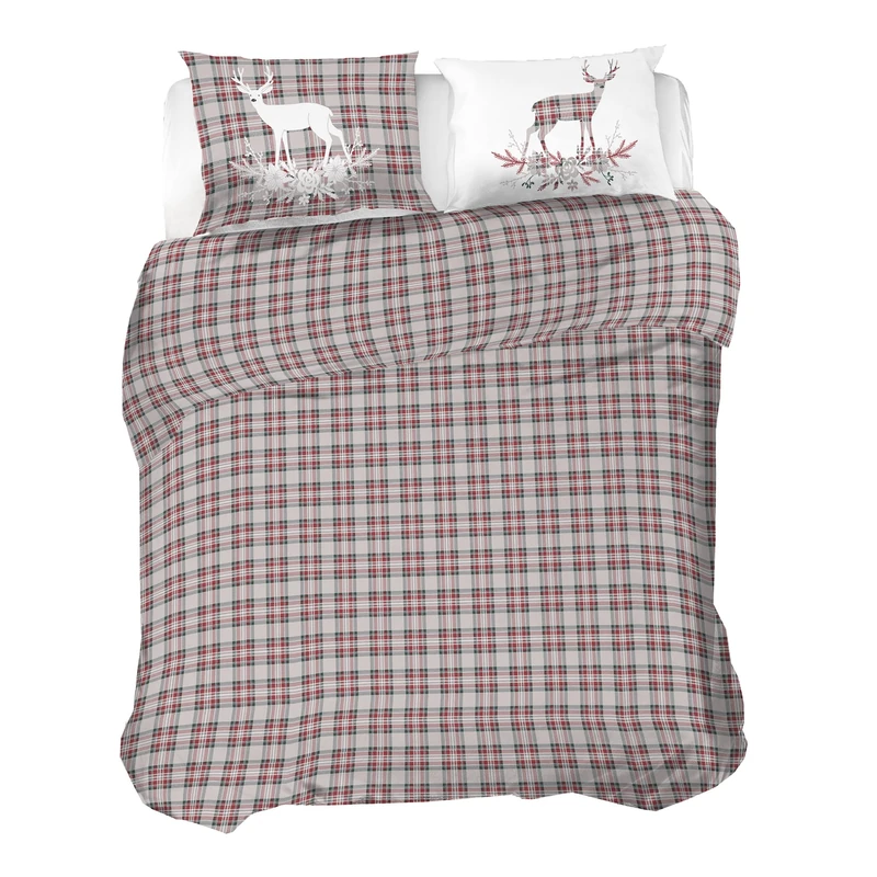PENSIERI DELICATI 100% Cotton Flannel Double Duvet Cover Set, 250 x 200 cm Bag and Pillowcase 52 x 82 cm, Made in Italy, Machine Washable at 40 Degrees, Red Deer Design