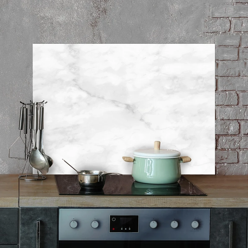 CREARREDA White Marble Aluminium Kitchen Splash Guard 72 x 48 cm Easy to Apply Made in Italy Protection for Stoves and Walls Washable and Easy to Assemble Metal Splatter Guard