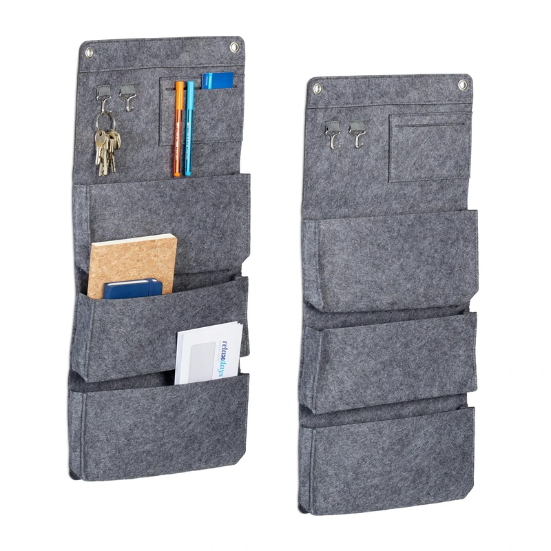 Relaxdays 2x Hanging Organiser, 4 Pockets, 2 Hooks, Wall Storage for Hallway, Office, Bathroom, HxW: 65x30cm, Felt, Grey
