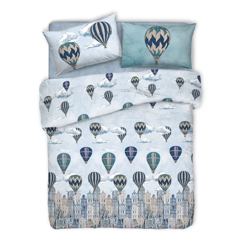 PENSIERI DELICATI 100% Cotton Double Duvet Cover Set, Complete with 250 x 200 cm Bag and 2 Pillowcases 52 x 82 cm, Made in Italy, Duvet Cover Machine Washable At 40 Degrees, Blue Flying Pattern