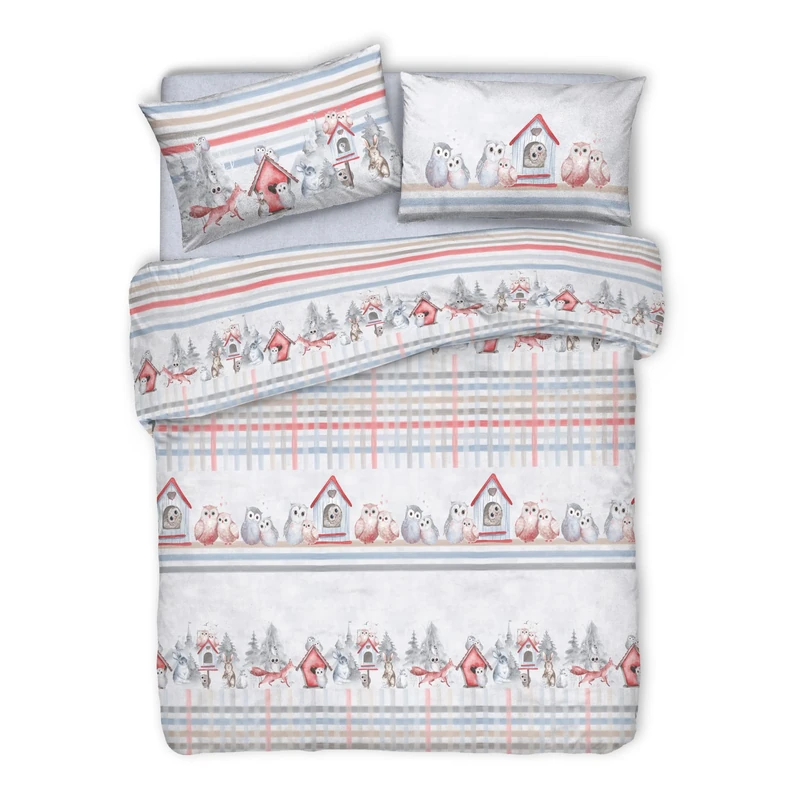 PENSIERI DELICATI 100% Cotton Double Duvet Cover Set, Complete with 250 x 200 cm Bag and 2 Pillowcases 52 x 82 cm, Made in Italy, Duvet Cover Machine Washable At 40 Degrees, Red Owls Design