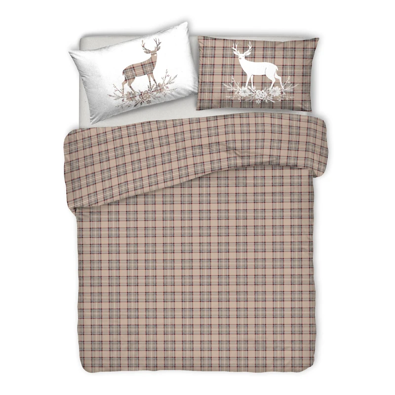 PENSIERI DELICATI 100% Cotton Double Duvet Cover Set, Complete with 250 x 200 cm Bag and 2 Pillowcases 52 x 82 cm, Made in Italy, Duvet Cover Machine Washable At 40 Degrees, Beige Tartan Pattern