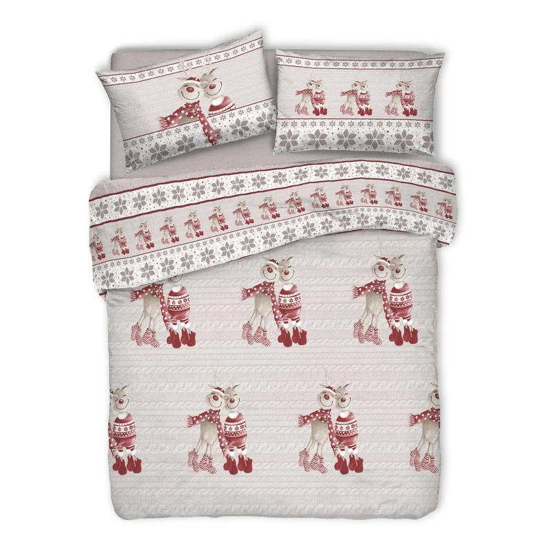 PENSIERI DELICATI 100% Cotton Double Duvet Cover Set, Complete with 250 x 200 cm Bag and 2 Pillowcases 52 x 82 cm, Made in Italy, Duvet Cover Machine Washable At 40 Degrees, Red Reindeer Design