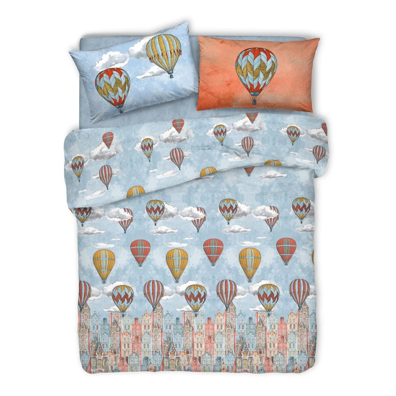 PENSIERI DELICATI Double Duvet Cover Set, 100% Cotton, Complete with 250 x 200 cm Bag and 2 Pillowcases 52 x 82 cm, Made in Italy, Duvet Cover Machine Washable At 40 Degrees, Orange Flying Pattern