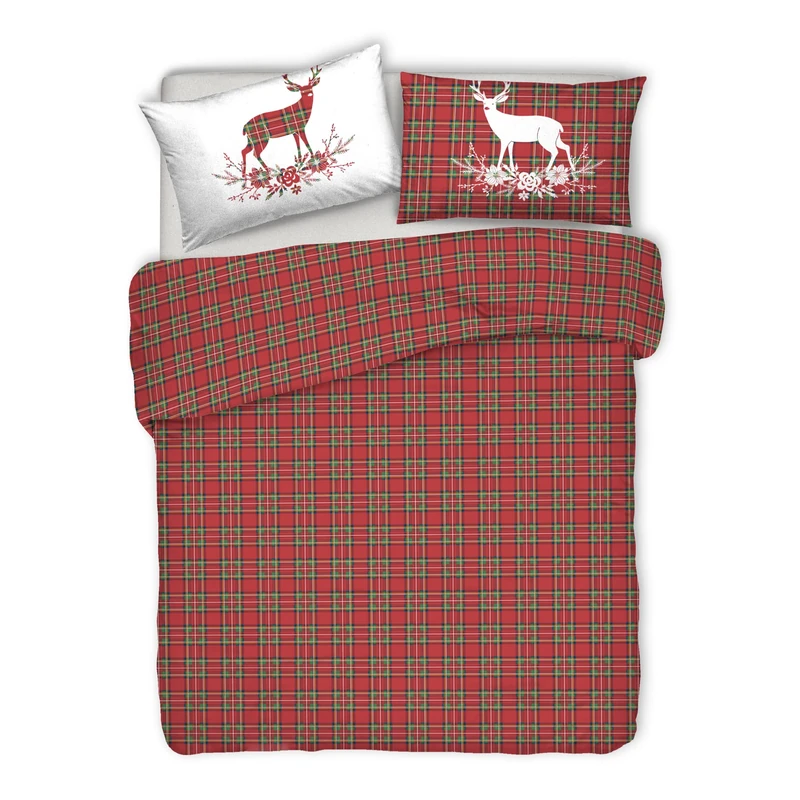 PENSIERI DELICATI 100% Cotton Double Duvet Cover Set, Complete with 250 x 200 cm Bag and 2 Pillowcases 52 x 82 cm, Made in Italy, Duvet Cover Machine Washable At 40 Degrees, Red Tartan Design