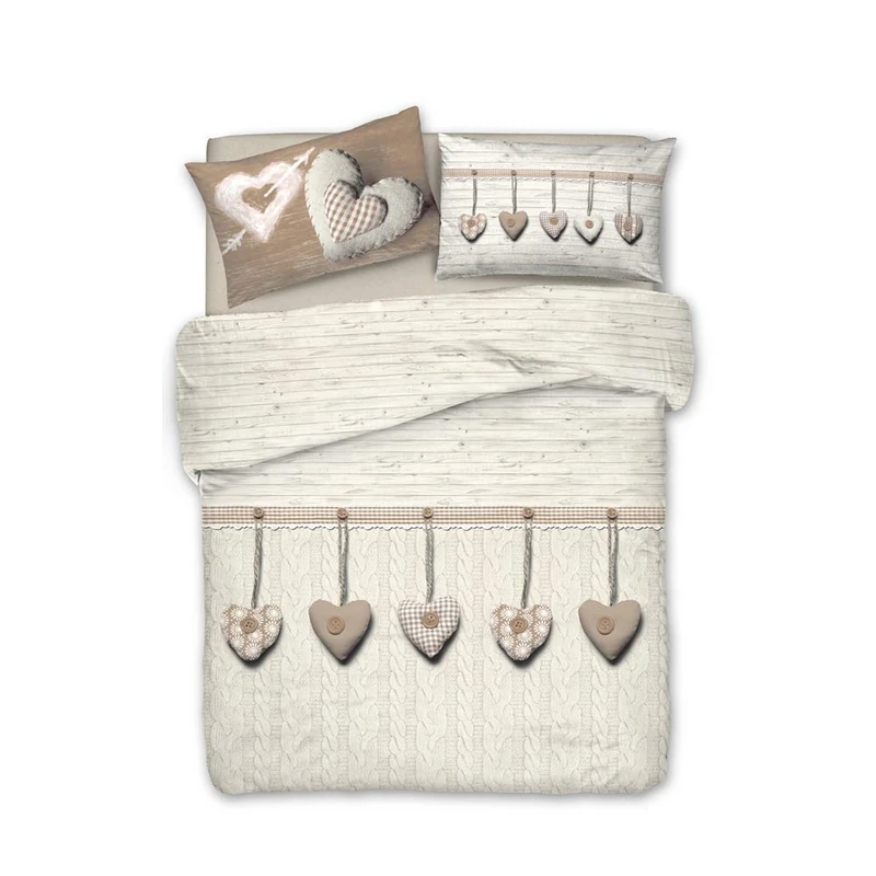 PENSIERI DELICATI 100% Cotton Double Duvet Cover Set, Complete with 250 x 200 cm Sleeping Bag and 2 Pillowcases 52 x 82 cm, Made in Italy, Duvet Cover Machine Washable at 30 Degrees, Hanging Heart