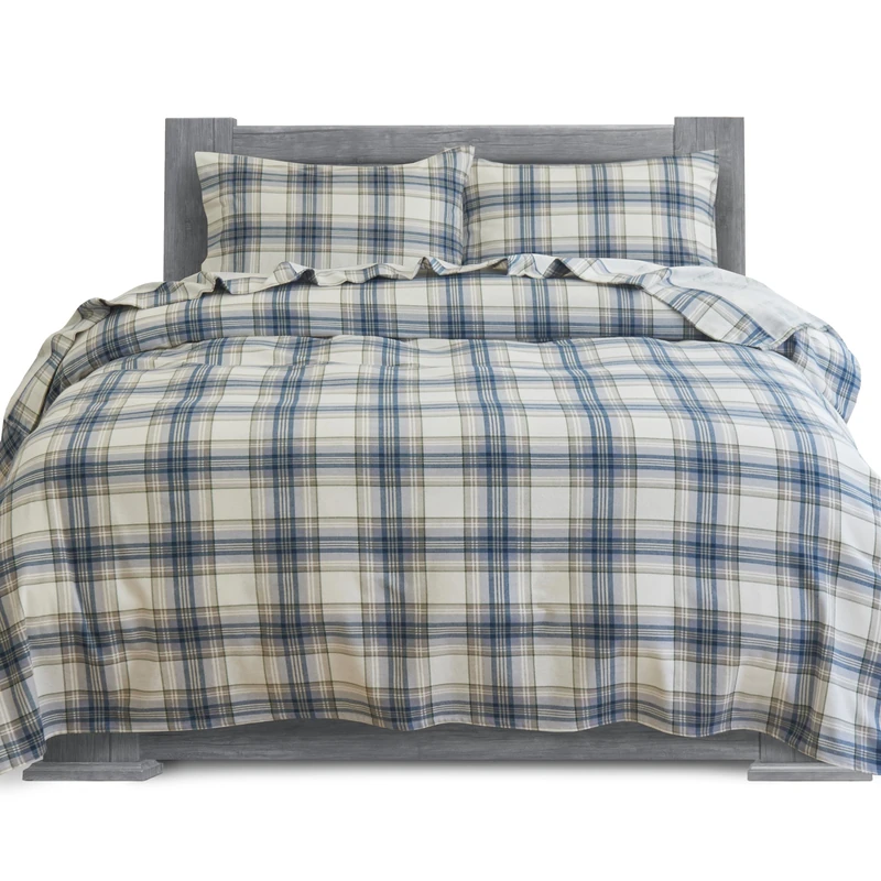 Elegant Comfort Soft 4-Piece 100% Turkish Cotton Flannel Sheet Set - Premium Quality, Deep Pocket Fitted Sheet, Ultra Soft, Cozy Warm Flannel Sheets - Full, Plaid-Navy/Aqua - Image 1