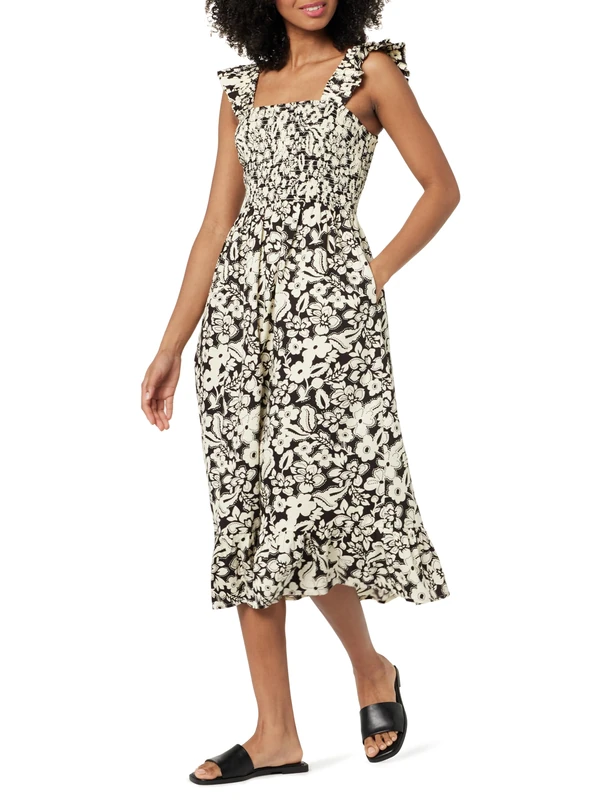 The Drop Women's Kimi Ruffled Shoulder Smocked Midi Dress, Chocolate/Whisper White Floral Print, M