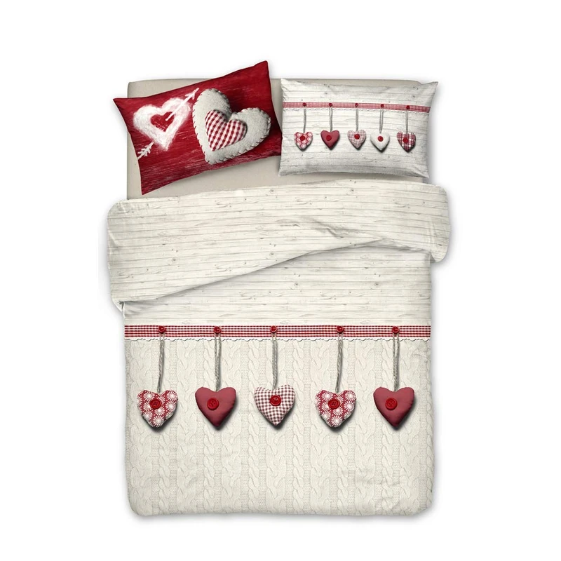 PENSIERI DELICATI 100% Cotton Double Duvet Cover Set, Complete with 250 x 200 cm Sleeping Bag and 2 Pillowcases 52 x 82 cm, Made in Italy, Duvet Cover Machine Washable At 40 Degrees, Red Hanging Heart