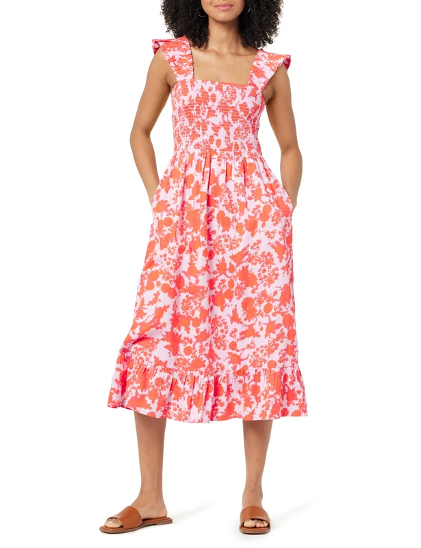 The Drop Women's Kimi Ruffled Shoulder Smocked Midi Dress, Pink/Orange Floral Print, XXL Plus