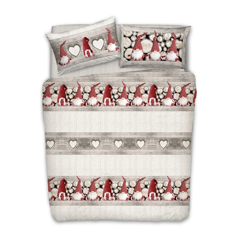 PENSIERI DELICATI 100% Cotton Double Duvet Cover Set, Complete with 250 x 200 cm Bag and 2 Pillowcases 52 x 82 cm, Made in Italy, Duvet Cover Machine Washable At 40 Degrees, Red Gnome Design