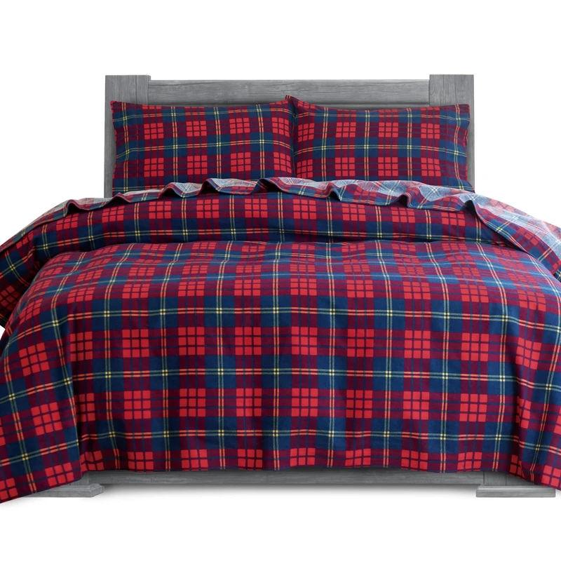 Elegant Comfort Soft 4-Piece 100% Turkish Cotton Flannel Sheet Set - Premium Quality, Deep Pocket Fitted Sheet, Ultra Soft, Cozy Warm Flannel Sheets - Cali King, Plaid-Red/Navy