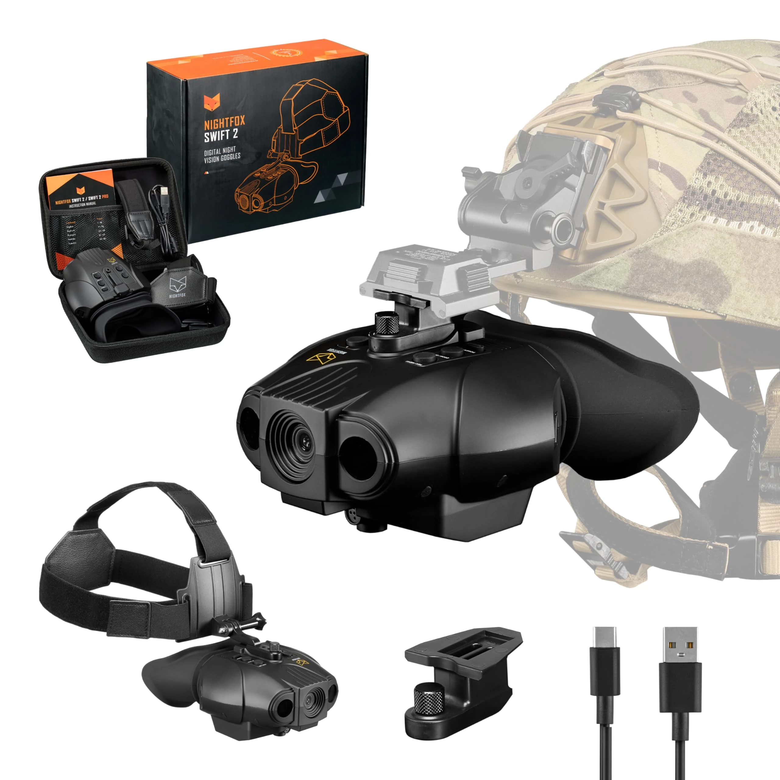 Night Vision Goggles - Nightfox Swift 2 NVG Goggle, Head or Helmet Mounted, Wide FOV, 1x Magnification, Infrared Night Vision Binoculars, Stealth 940nm IR, NODs for Airsoft